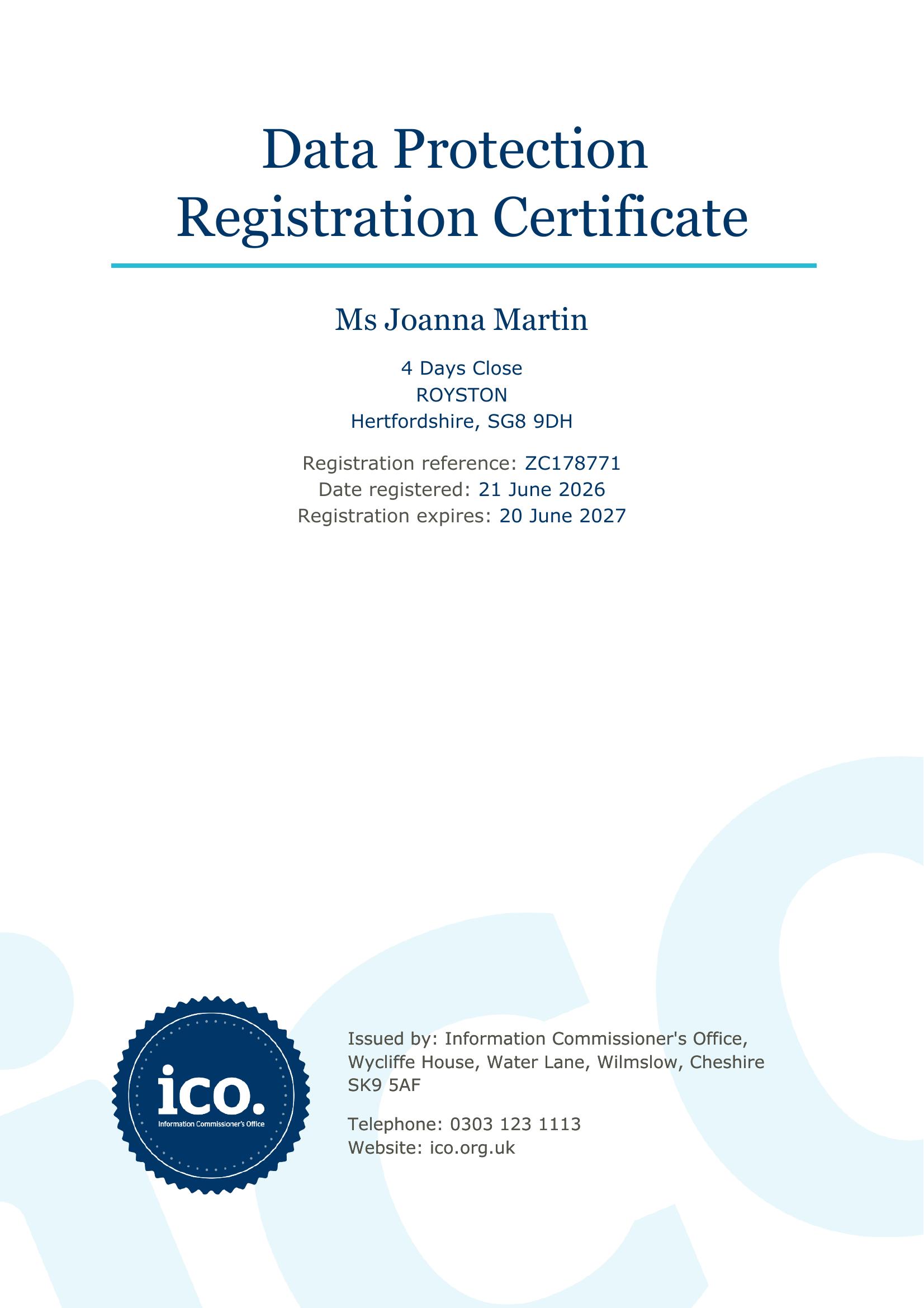 ICO Data Protection Registration Certificate ZC178771 for Heathside Pet Care