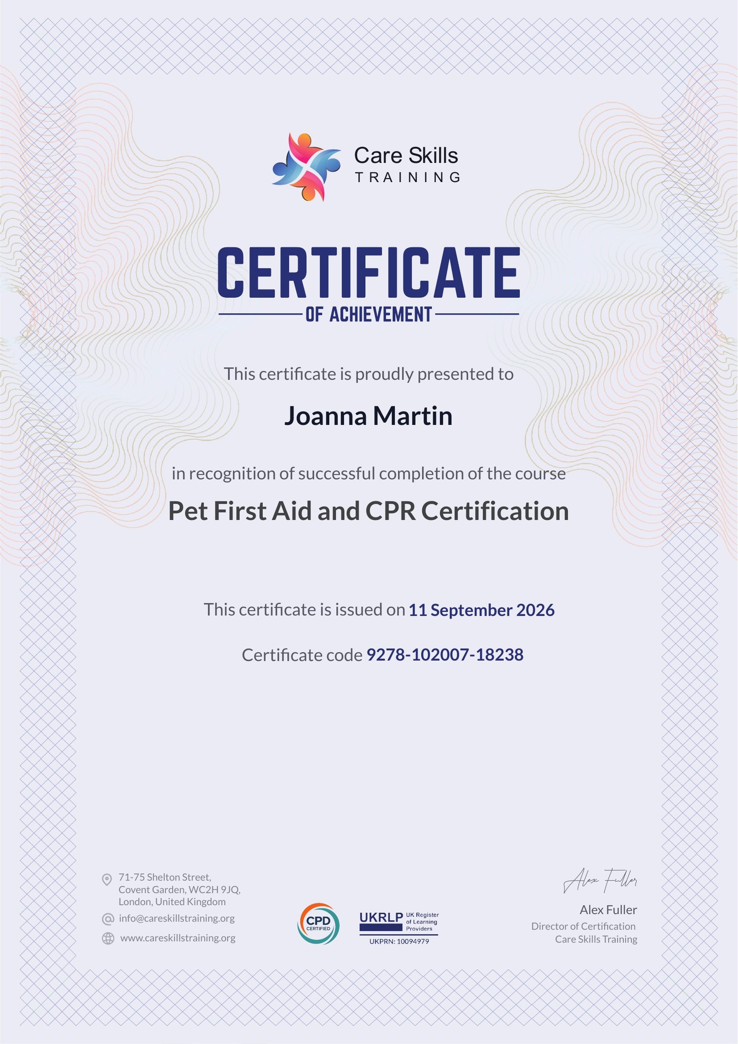 Care Skills Training Pet First Aid and CPR Certification awarded to Joanna Martin on 11 September 2026