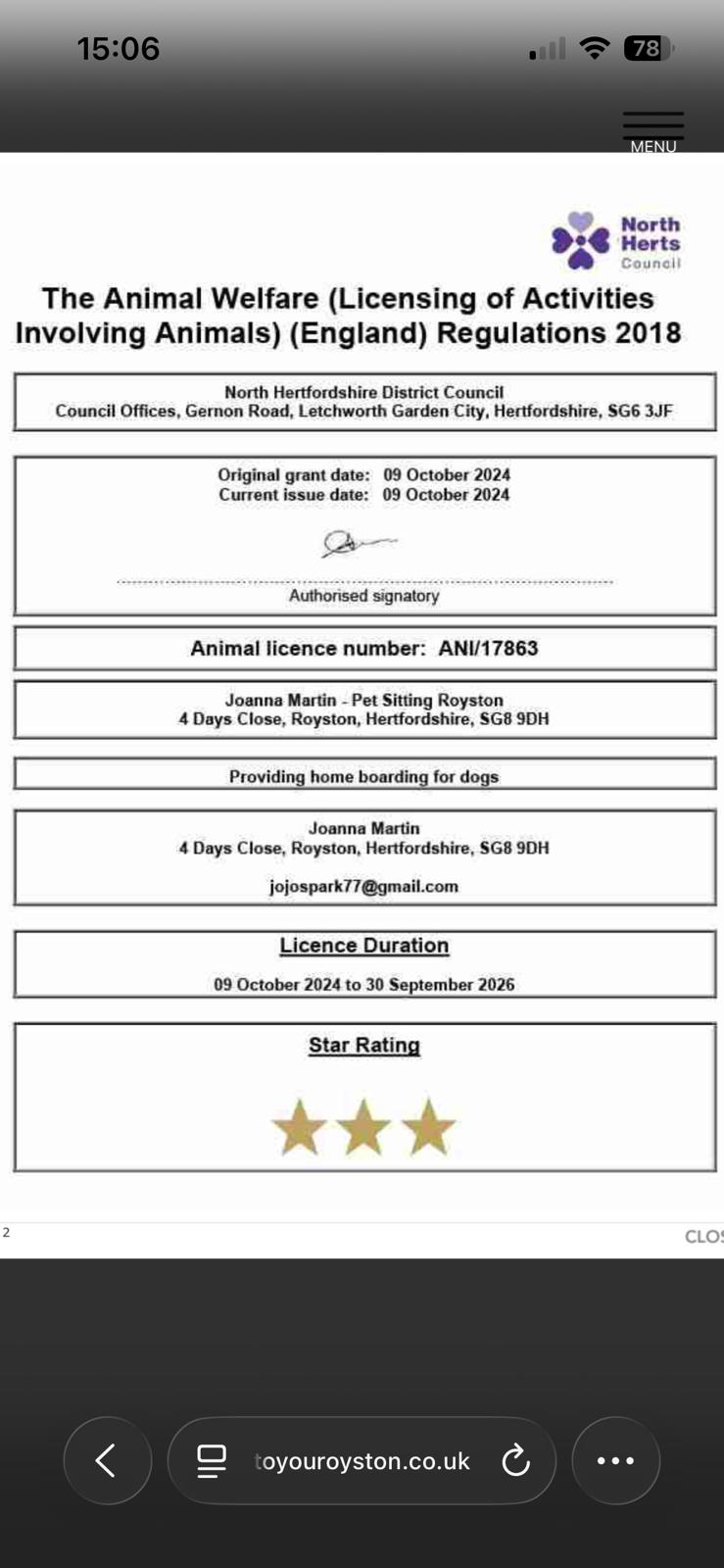 North Hertfordshire District Council Animal Welfare Licence ANI/17863 — 3-star rating